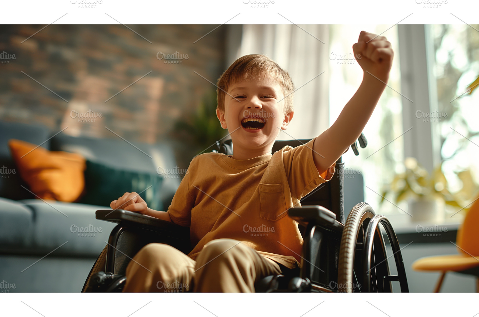 Smiling boy in a wheelchair indoors, an Architecture Photo by Sergey Kotenev