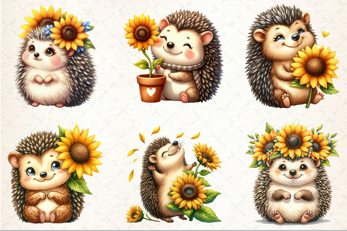 Cute Hedgehog & Sunflower Clipart, an Illustration by Rose Art (Photo 3 of 7)