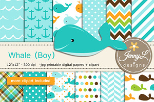 Whale Boy digital papers clipart, a Pattern Graphic by JennyL Designs