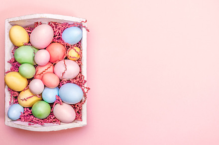 Multicolor eggs in a white tray. Cre, a Holiday Photo by Kate Molchanova