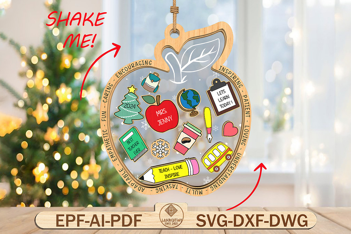 Personalized Teacher Apple Ornament, a Pattern Graphic by Lasercutiny (Photo 1 of 2)