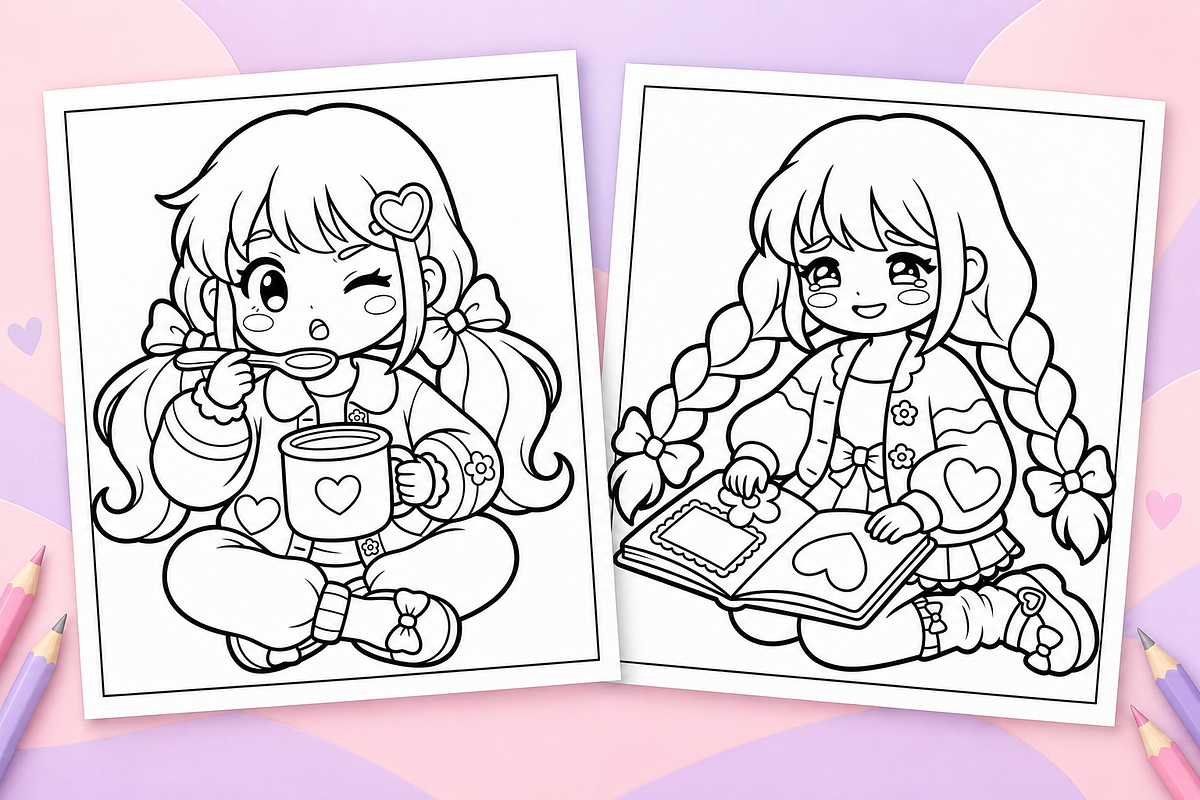 Cozy Anime Girls Coloring Pages #1, a Person Illustration by Inkivelle Studio (Photo 2 of 3)