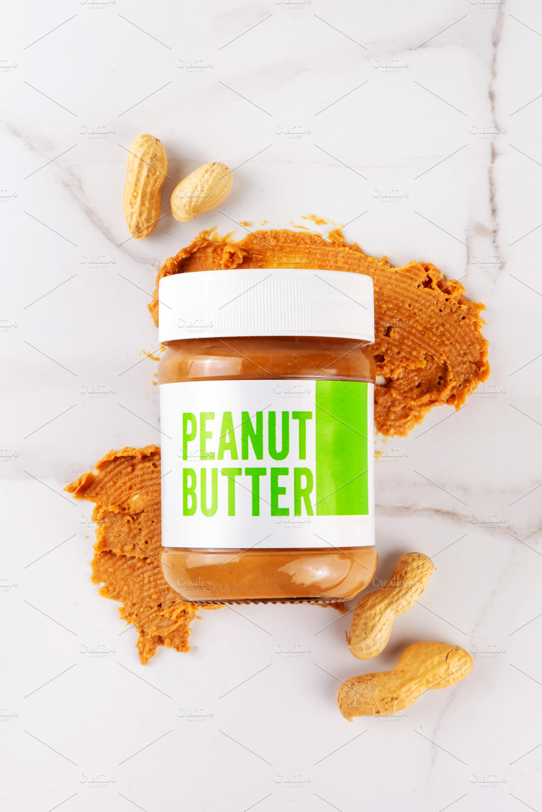Peanut butter jar with peanuts, mockup product photo, a Food & Drink Photo by Rimma