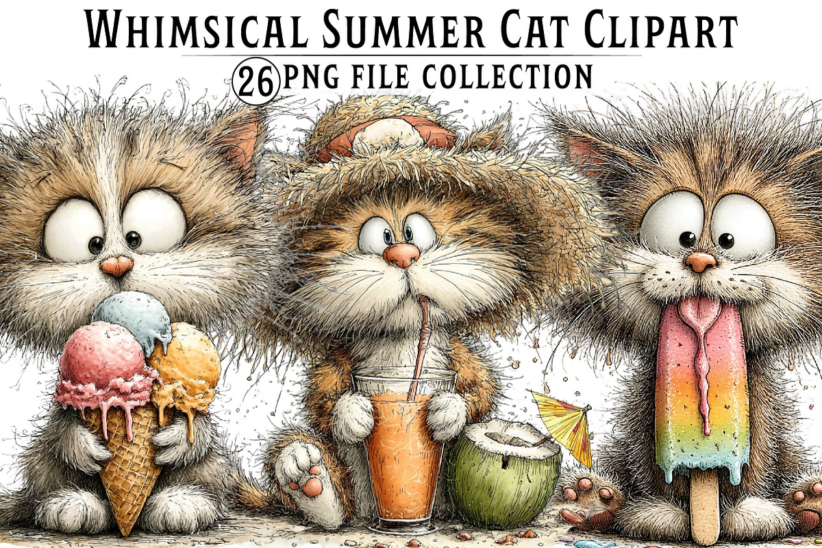 Whimsical Summer Cat Clipart, an Illustration by Dream Creation (Photo 1 of 6)