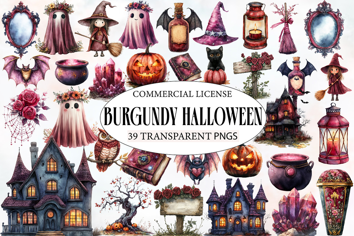 Watercolor Burgundy Halloween Clipar, an Illustration by Designworld (Photo 1 of 5)