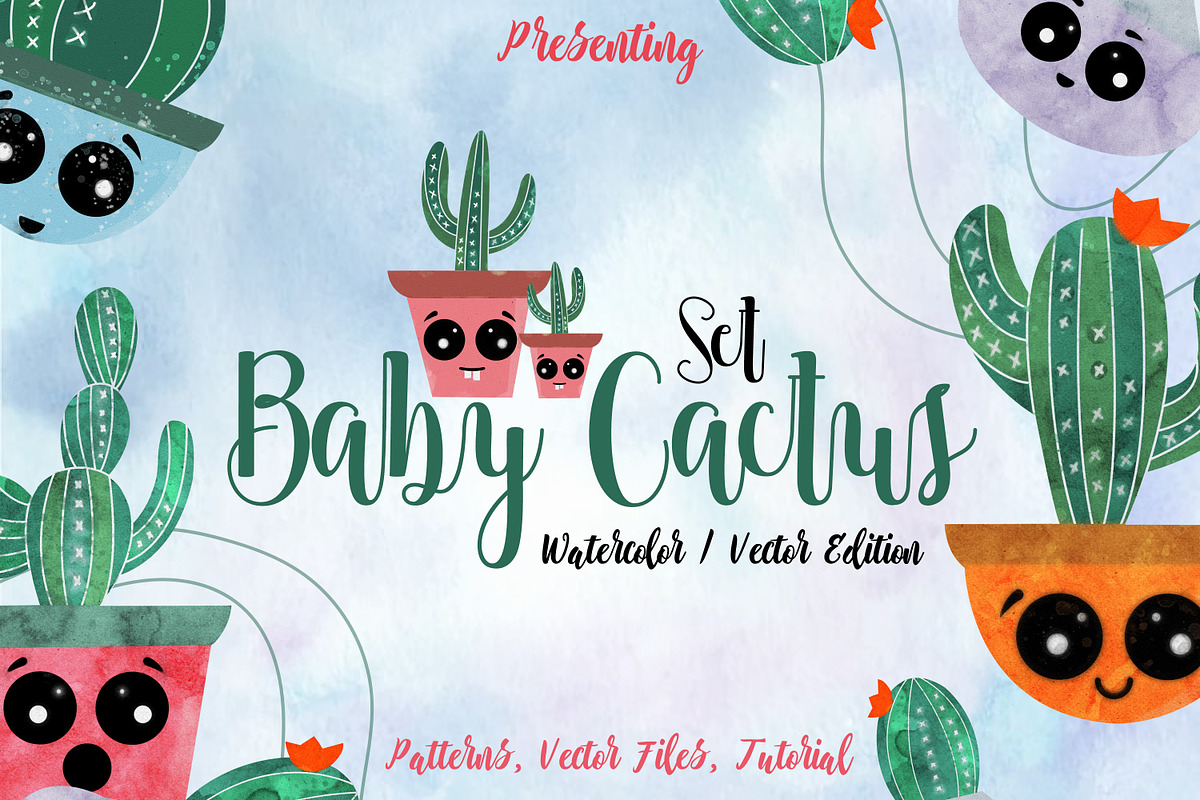 Baby Cactus Watercolor Set & Vectors, an Illustration by Aqua Artistry Creations (Photo 1 of 5)