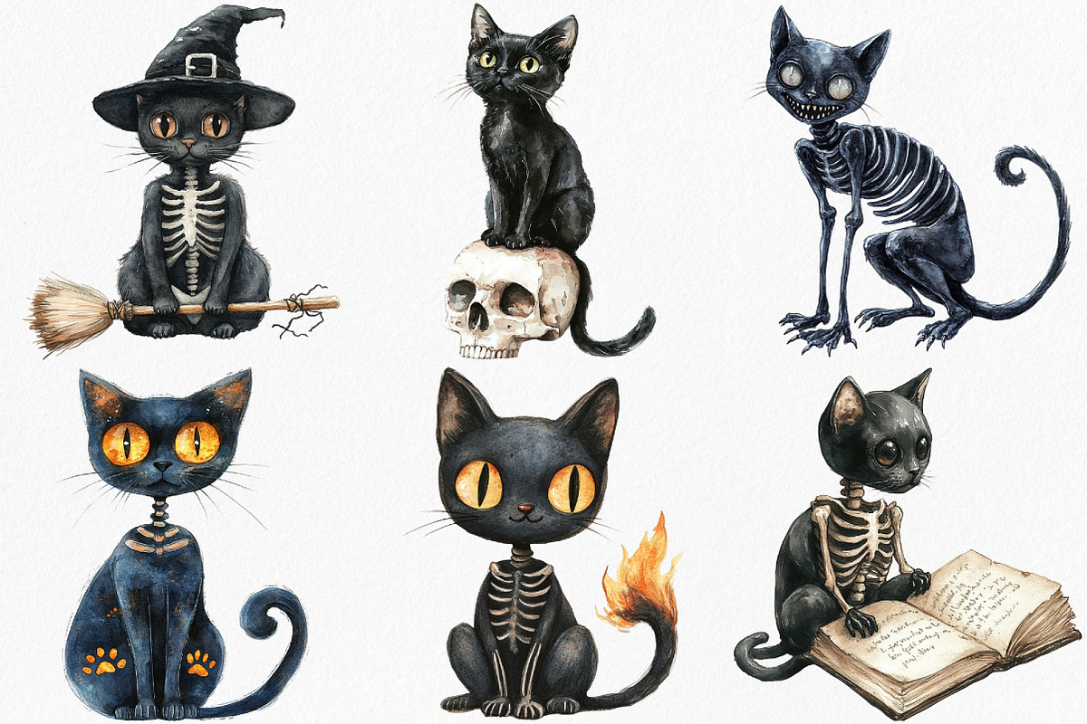 Watercolor Skeleton Black Cat Clipar, an Illustration by Canvas Craft (Photo 3 of 7)