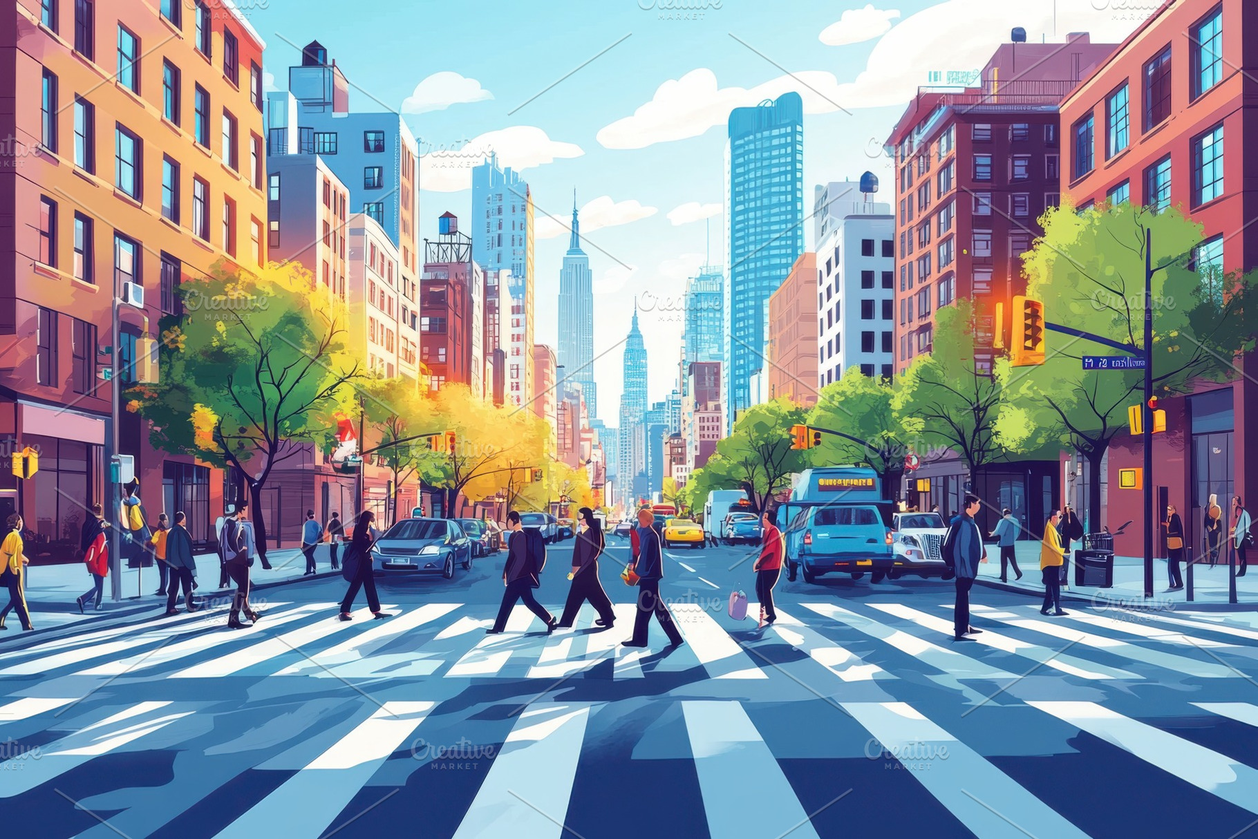 City street scene pedestrians crossi, a Photo by Pixeness Studio