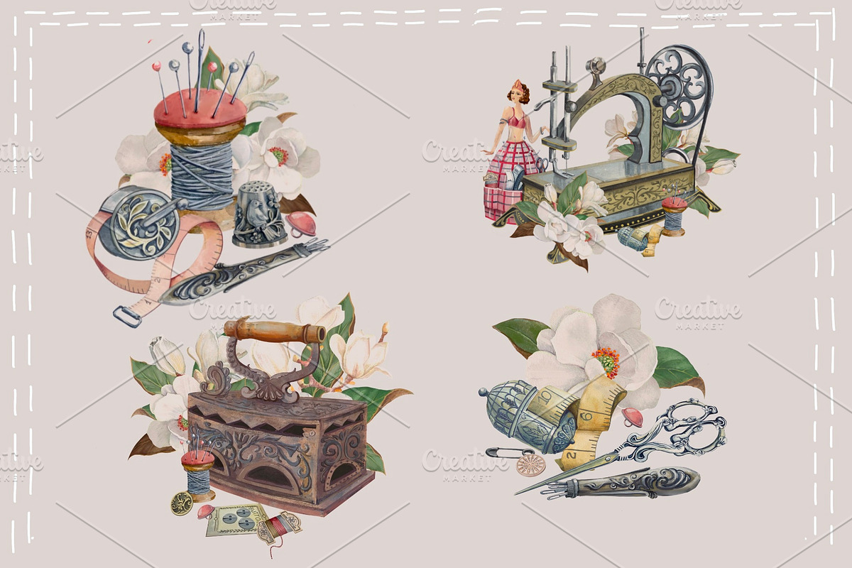 Watercolor vintage sewing kit, an Illustration by AkvarelRiver (Photo 12 of 15)