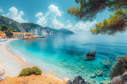 Panoramic Morning View of Antisamos Beach Featuring Turquoise Waters and Serene, a Photo by AS photostudio