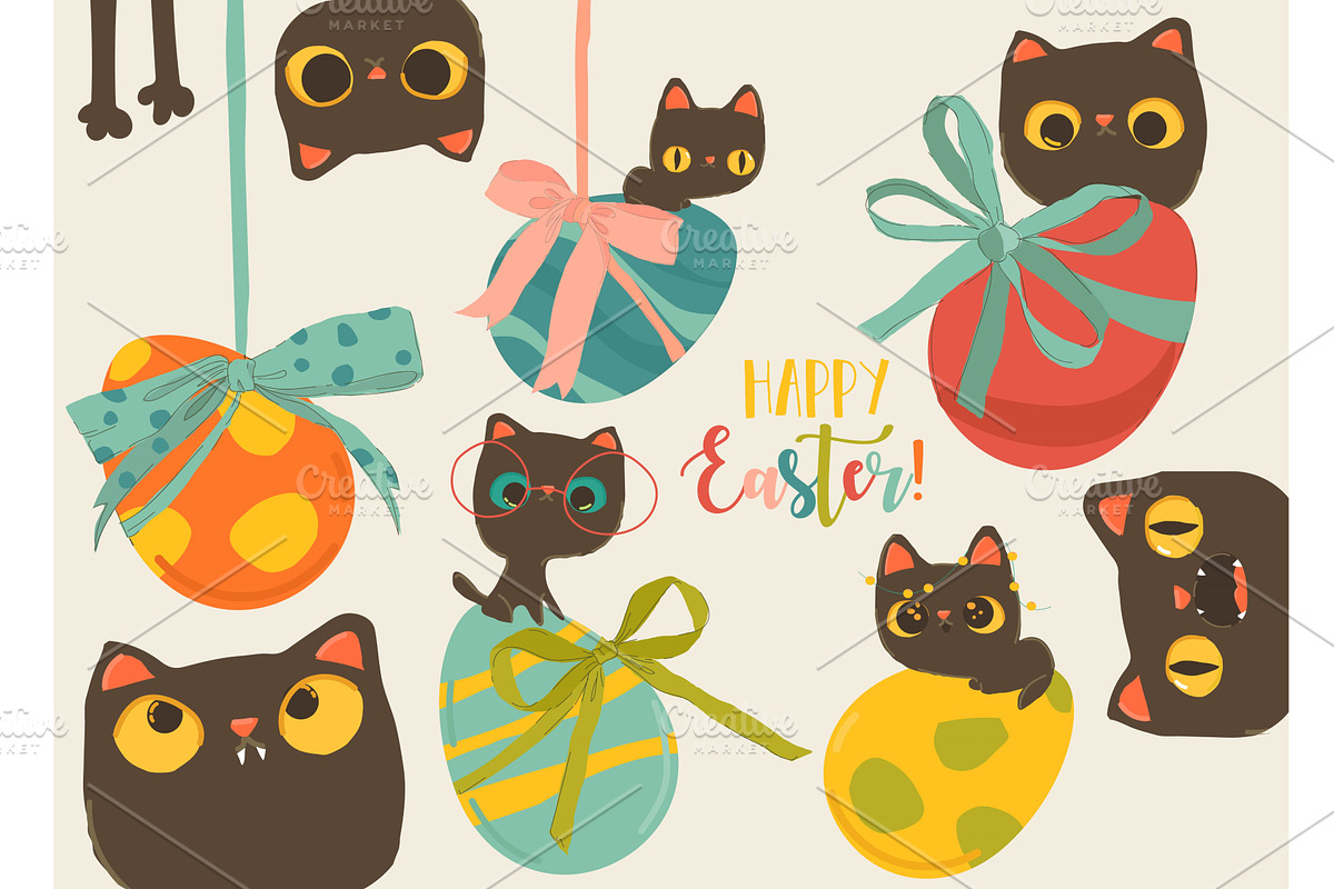 Happy Easter Set with Cute Cats and, an Object Illustration by Maria Starus