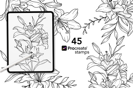 Lily Line Art Procreate Stamps, a Brush Add-On by CaraulanStore