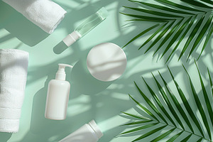 Blank cosmetic containers with towels and green palm leafs on mint background, a Photo by AlyaAnd