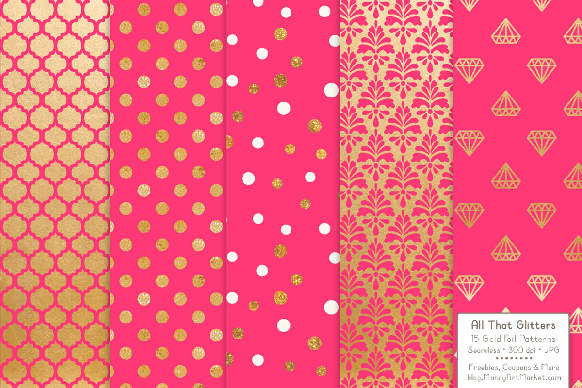 Hot Pink Gold Foil Digital Papers, a Pattern Graphic by Amanda Ilkov (Photo 3 of 4)