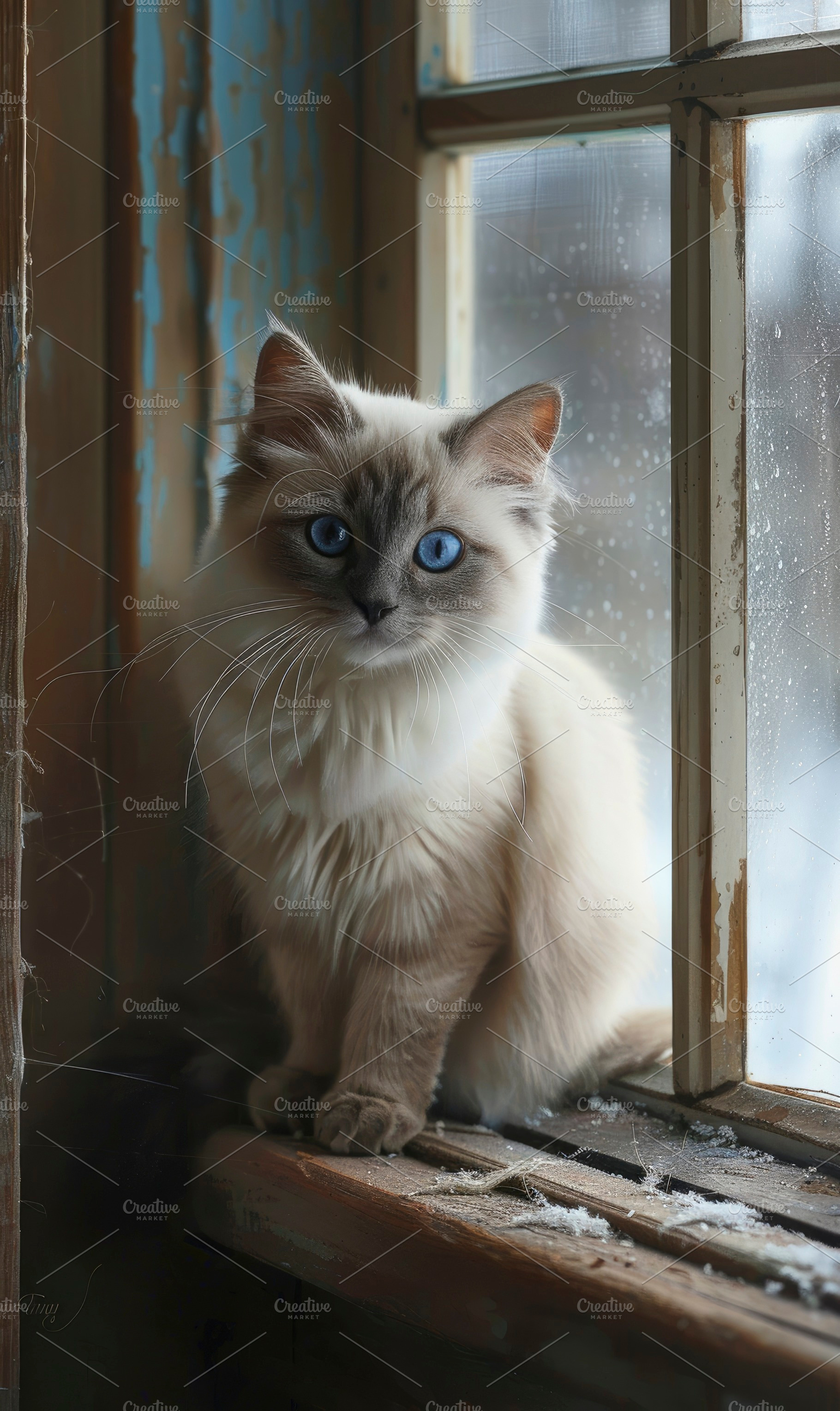 A close-up of a pensive cat with str, a Photo by LOGOCREATIVE