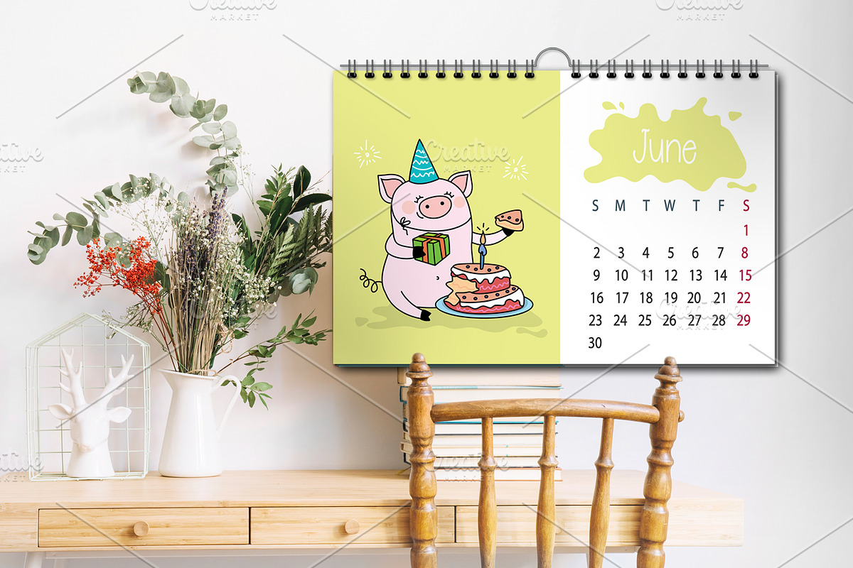 Calendar for Year 2019 with pigs, an Animal Illustration by naum_studio (Photo 3 of 4)