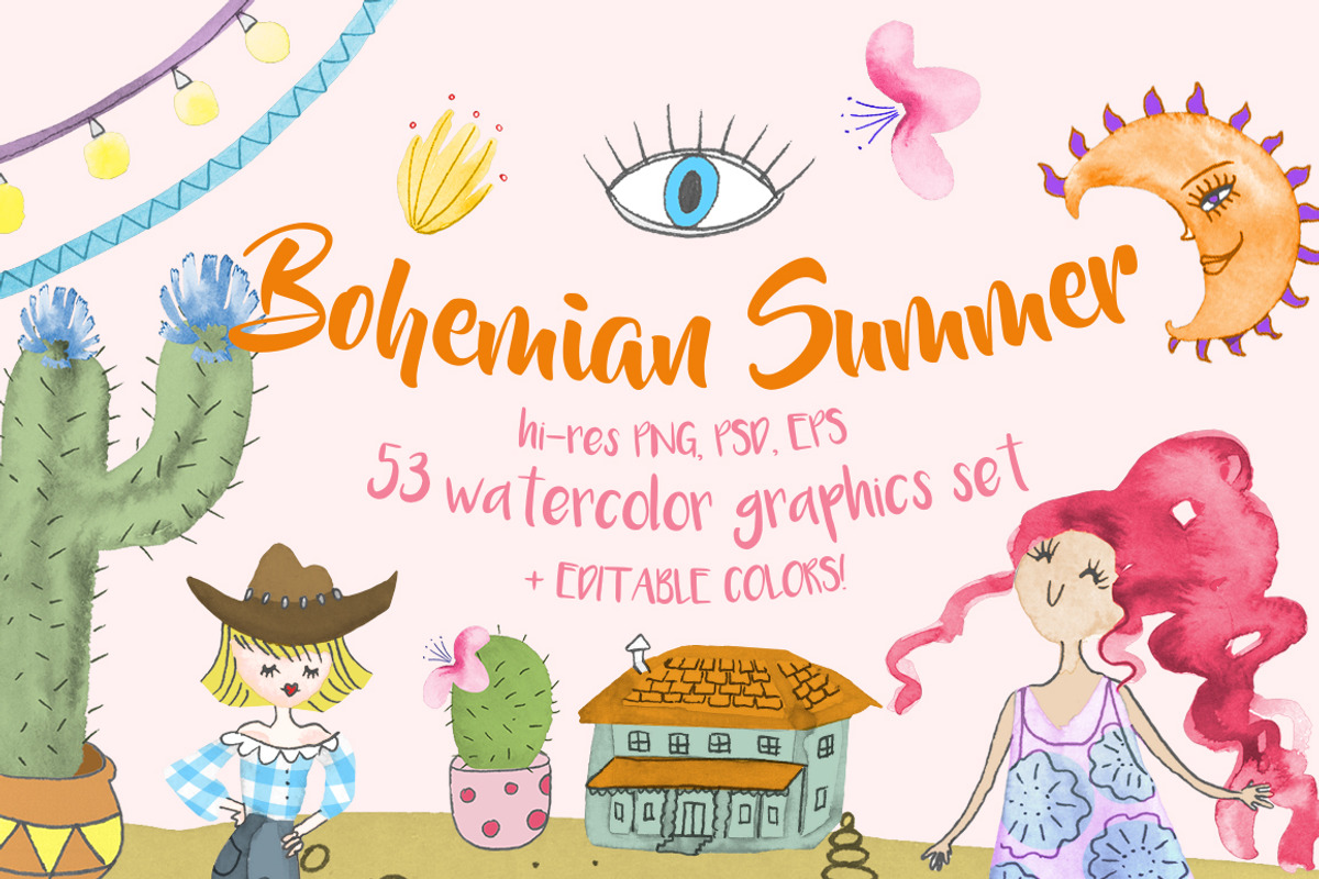 Bohemian Summer Watercolor Set, a Decorative Illustration by SimpleThings (Photo 1 of 9)