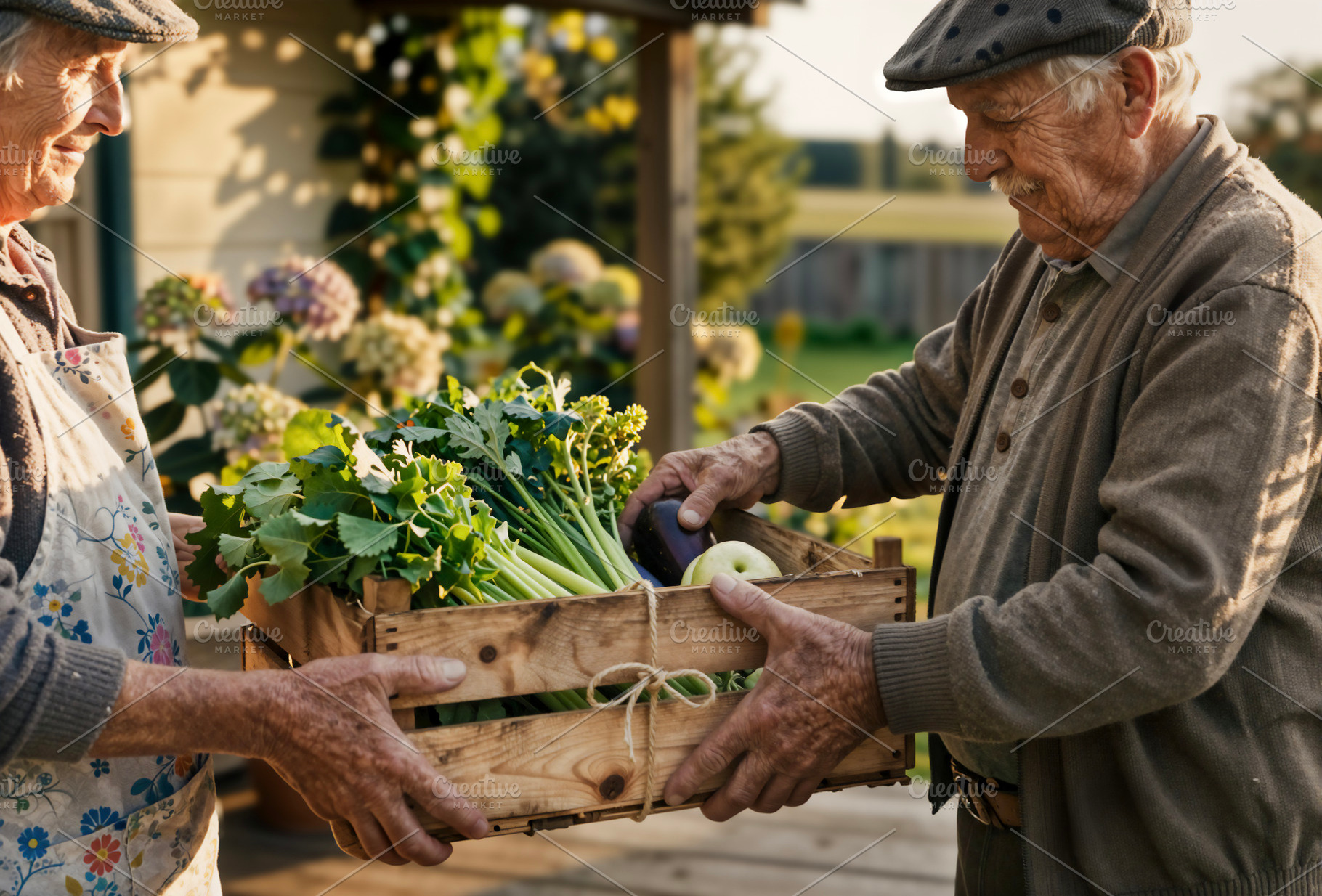 Seniors Holding Crate of vegetables, a Photo by rarrarorro