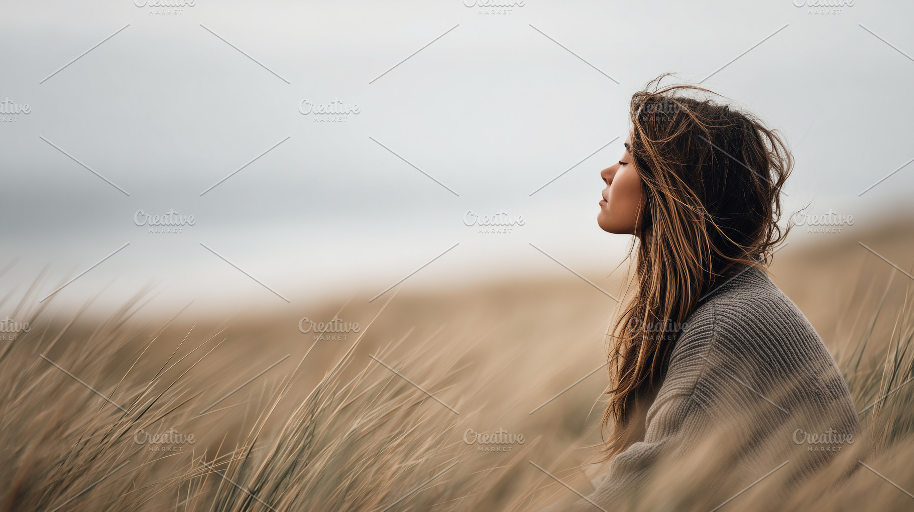 Peaceful woman sitting in tall grass, a Person Photo by MistyDay