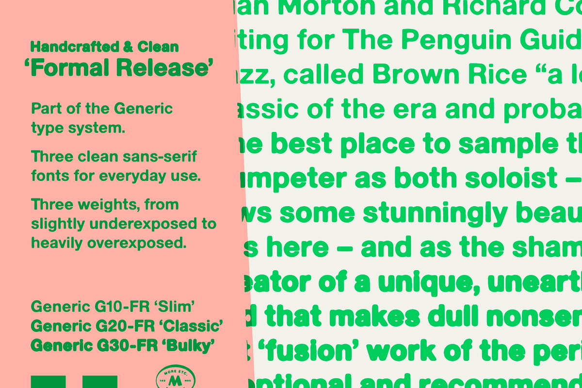 Generic – Formal Release (3 Fonts), a Sans Serif Font by More Etc. Studios (Photo 2 of 10)