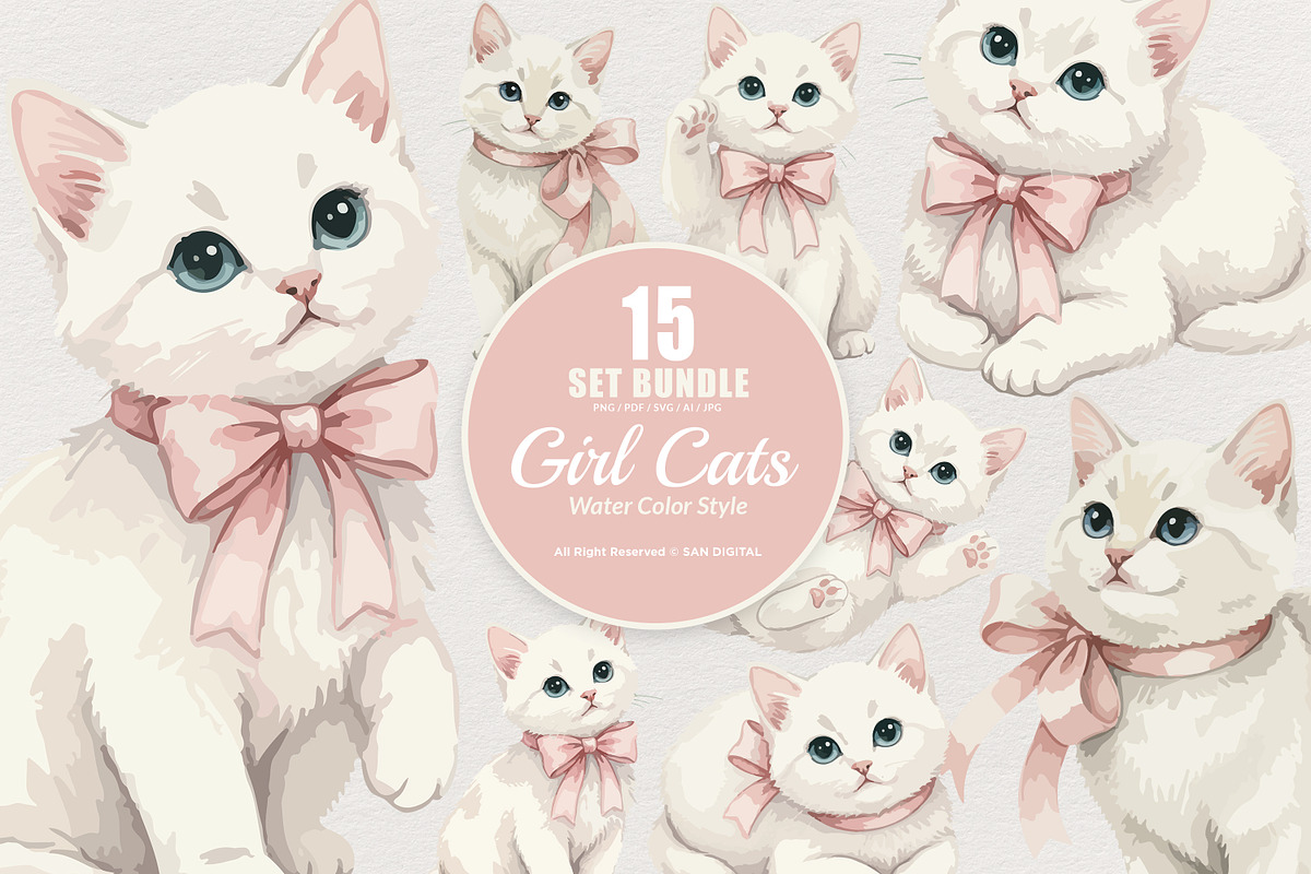 15 Bundle Watercolor Girl Cat Pink, an Animal Illustration by Morspective (Photo 1 of 8)