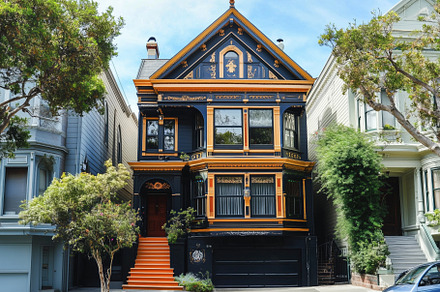 A beautifully ornate Victorian Queen Anne house style with a striking black and, an Architecture Photo by Textures & Backgrounds
