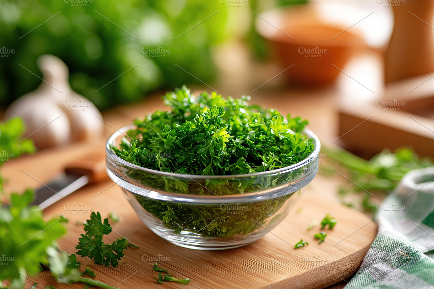 Freshly chopped herbs in a glass bowl on a wooden cutting board in a bright kit, a Food & Drink Photo by AlyaAnd