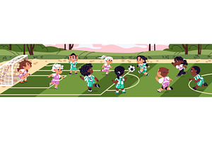 Cute kids play football on field, a Sport Illustration by PaperTrident