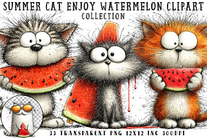 Summer Cat Enjoy Watermelon Clipart, an Illustration by OK Design