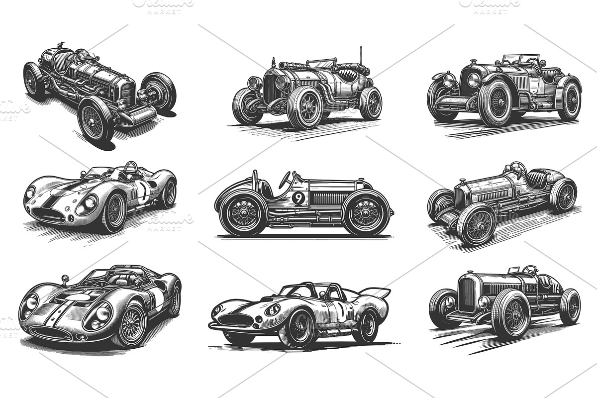 Racing Cars engraving set vector, a Sport Illustration by AlexArt