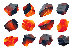 Coal set. Pieces of burning black, an Illustration by Onyx