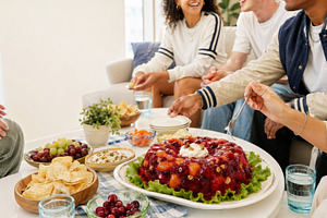 Jello salad centered on table with p, a Photo by Dvoevnore photos