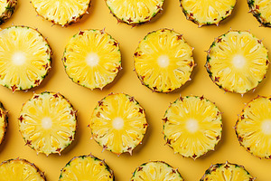 Pattern of ripe pineapple slices on yellow background, a Food & Drink Photo by AlyaAnd