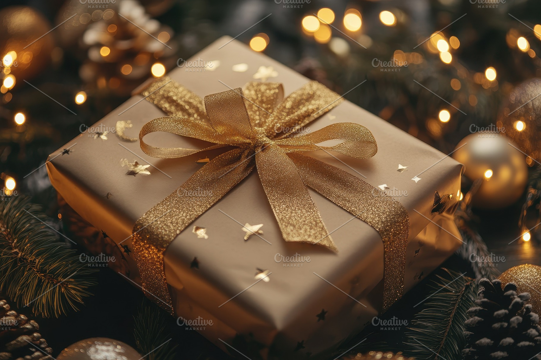 Holiday gift wrapped with gold ribbo, a Photo by Iftikhar Alam