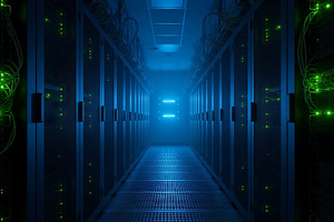 A dimly lit server room with rows of, a Technology Photo by Artonix
