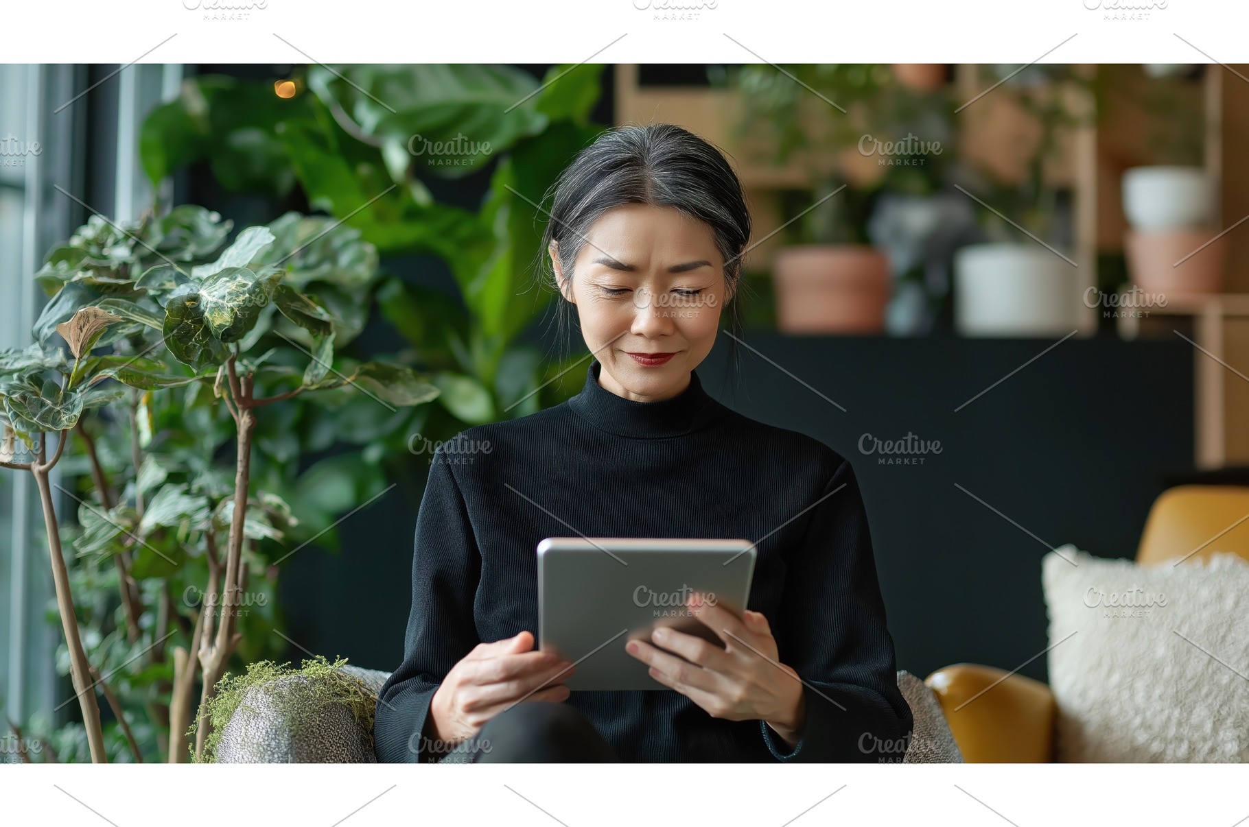 Asian woman using a tablet while, a Person Photo by Sergey Kotenev