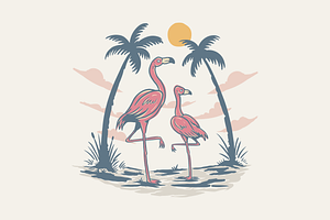 Flamingo in Summer Paradise, an Animal Illustration by Mangustudio