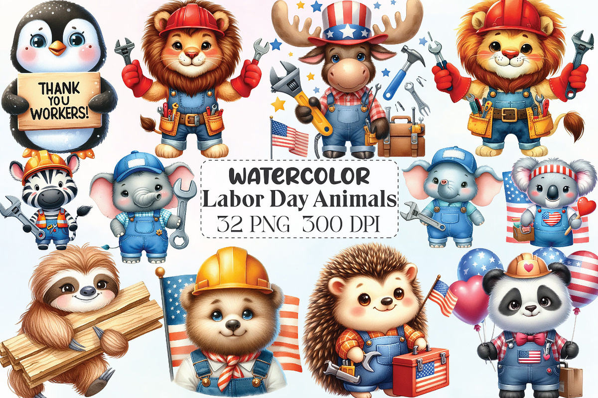 Watercolor Labor Day Animals Clipart, an Illustration by CraftArtStudio (Photo 1 of 6)