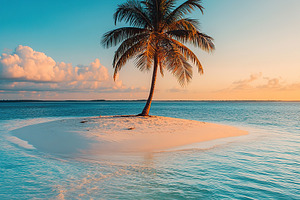 Stunning tropical island with a single palm tree at sunset surrounded by calm w, a Nature Photo by AlyaAnd