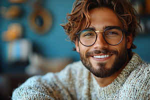 Smiling young man with wavy hair and glasses wearing cozy knit s, a Person Photo by José Manuel Gelpi