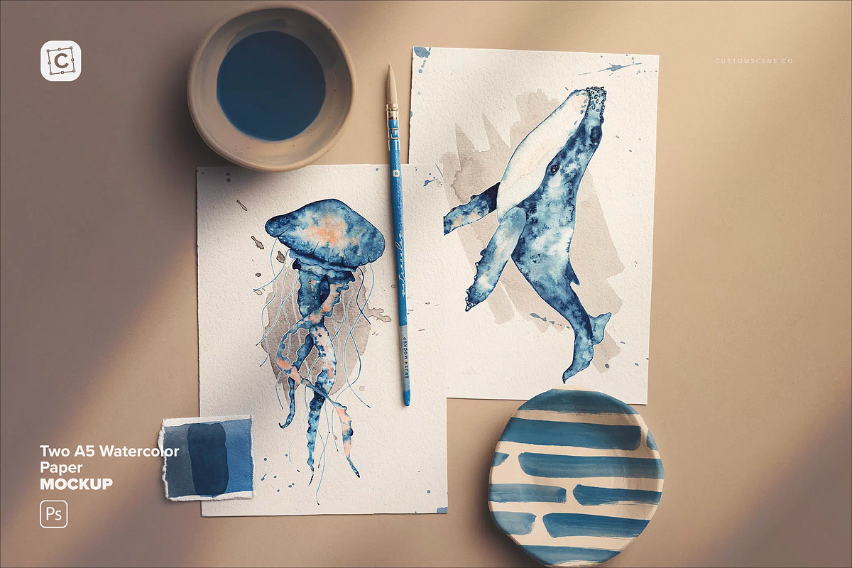 Two A5 Watercolor Paper Mockup, a Product Mockup by Custom Scene (Photo 1 of 10)