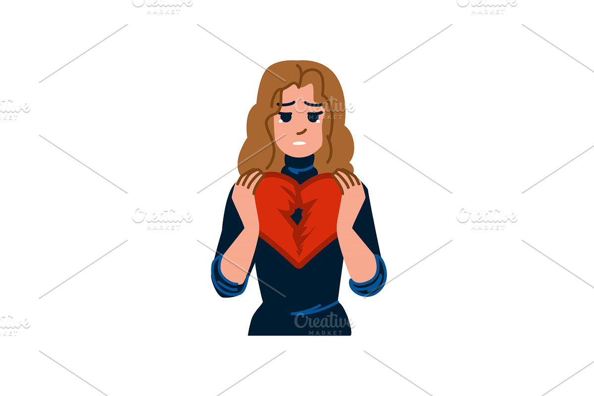 Sad woman holding broken heart, an Object Illustration by pikepicture