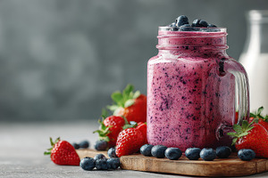 Delicious berry smoothie in mason ja, a Photo by Pixeness Studio