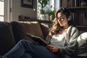 Young Woman Reading Book with Headphones at Home, a Photo by Davizro's Market