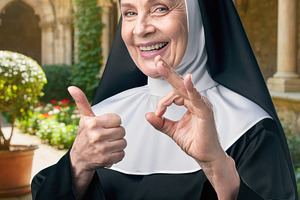 Smiling Senior Nun Showing Approval Gesture Outdoors, a Person Photo by Davizro's Market