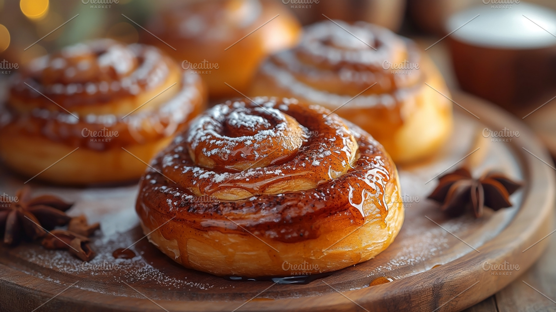 Freshly baked cinnamon rolls with a glossy glaze, sprinkled with, a Food & Drink Photo by ImageMir