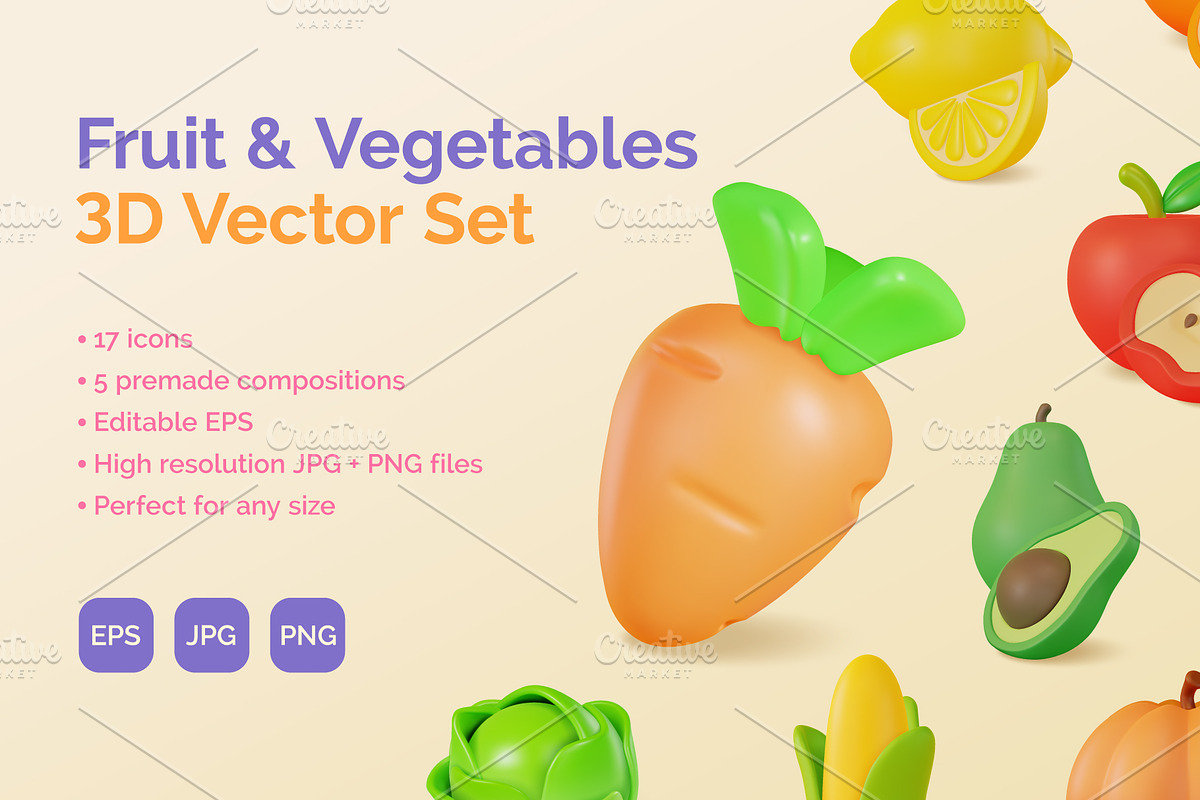 3d Vegetables and Fruits Vector Set, an Object 3D Model by 35lab (Photo 1 of 7)