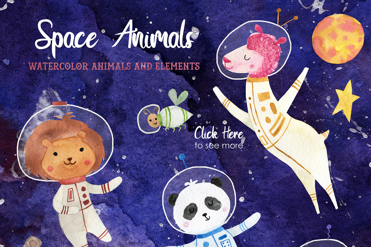 Space Animals Watercolor Clipart, an Animal Illustration by LeMagiqueBoutique (Photo 2 of 5)