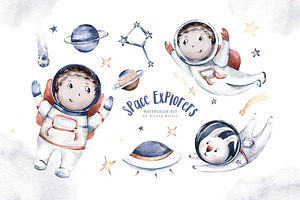 Watercolor Space Explorers. Kids Set