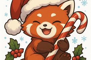 Christmas red panda holding candy ca, a Photo by Dvoevnore photos